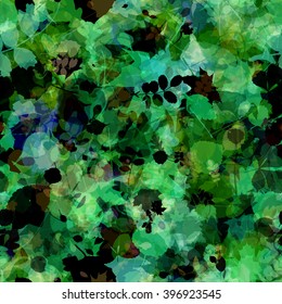 Green texture. The foliage of oak, aspen, birch, chestnut, alder. The leaves of trees and shrubs. Seamless background. Easy editable pattern. Vector. The effect of blur and watercolors.