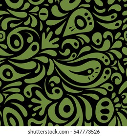 Green texture on black background. Seamless vector background. Graphic modern pattern. Abstract pattern in Arabian style.