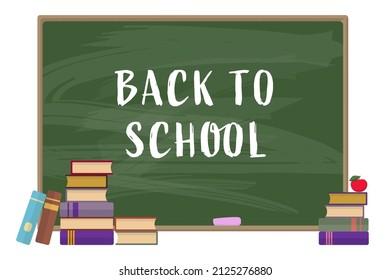 Green textured chalkboard with text and education supplies - books, chalk and apple. Back to school promotion concept. Vector illustration.