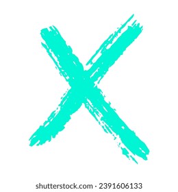 Cruz dibujada a mano con textura verde, marca de verificación aislada en fondo blanco. Elemento vector minimalista en colores brillantes.