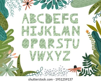 Green textured floral alphabet font uppercase letters with flowers leaves and isolated on white background. Flat cartoon vector illustration for wedding, greeting cards, invitations template design