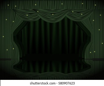 Green theater curtains. Vector illustration. Lights.