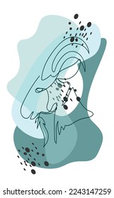 Green theme-abstract minimalist design with one line art of Capricorn symbol. Illustration with abstract color shape and dots.