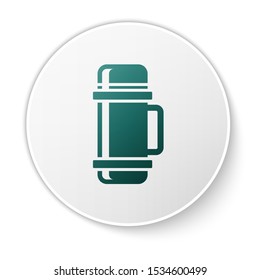 Green Thermo  container icon isolated on white background. Thermo flask icon. Camping and hiking equipment. White circle button. Vector Illustration