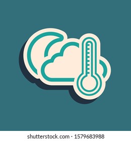 Green Thermometer and cloud with moon icon isolated on blue background. Long shadow style. Vector Illustration