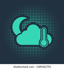 Green Thermometer and cloud with moon icon isolated on blue background. Abstract circle random dots. Vector Illustration