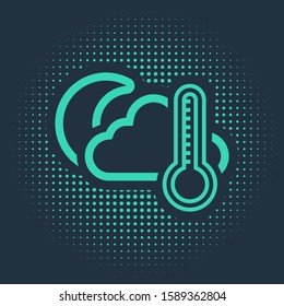 Green Thermometer and cloud with moon icon isolated on blue background. Abstract circle random dots. Vector Illustration