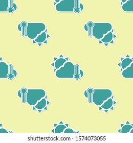 Green Thermometer and cloud with sun icon isolated seamless pattern on yellow background.  Vector Illustration