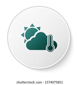 Green Thermometer and cloud with sun icon isolated on white background. White circle button. Vector Illustration
