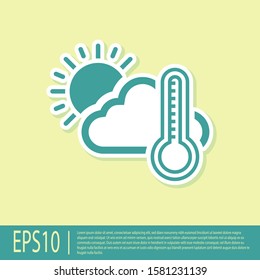 Green Thermometer and cloud with sun icon isolated on yellow background.  Vector Illustration