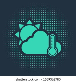 Green Thermometer and cloud with sun icon isolated on blue background. Abstract circle random dots. Vector Illustration