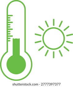 Green thermometer icon showing hot weather with a sun symbol Vector