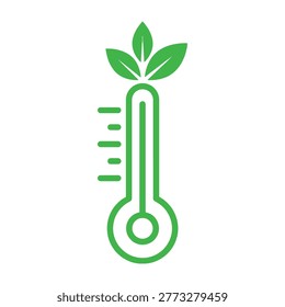A green thermometer with a leafy plant on top symbolizing eco friendly temperature and climate control. A fresh and natural approach to measuring temperature.