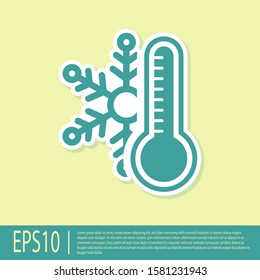 Green Thermometer with snowflake icon isolated on yellow background.  Vector Illustration