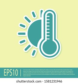 Green Thermometer with sun icon isolated on yellow background.  Vector Illustration