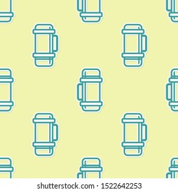 Green Thermos container icon isolated seamless pattern on yellow background. Thermo flask icon. Camping and hiking equipment.  Vector Illustration