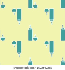 Green Thermos container icon isolated seamless pattern on yellow background. Thermo flask icon. Camping and hiking equipment.  Vector Illustration