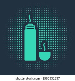 Green Thermos container icon isolated on blue background. Thermo flask icon. Camping and hiking equipment. Abstract circle random dots. Vector Illustration