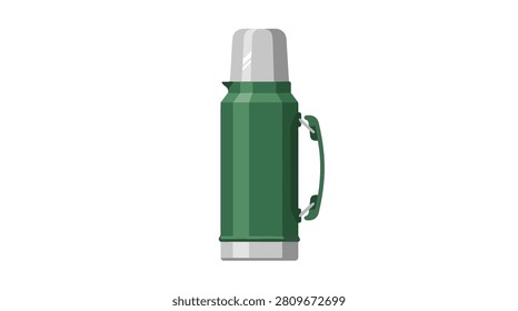 a green thermos with silver lid and handle designed for outdoor use keeps beverages hot or cold on hiking camping and travel adventures