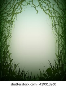 green thicket rainforest cave, deep fairy forest silhouette, jungle shadows