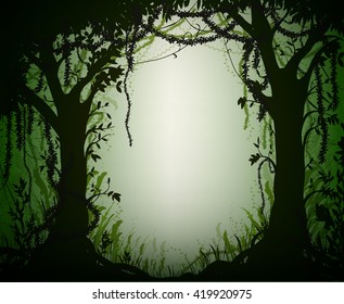 green thicket rain-forest, deep fairy forest silhouette, jungle shadows