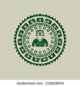 Green thief icon inside distressed grunge seal