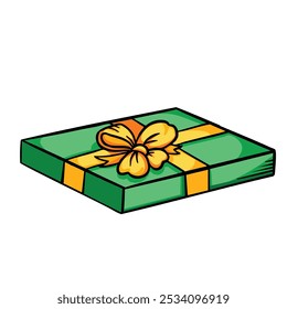 Green thin gift box with yellow ribbon colorful illustration isolated on square white background. Simple flat outlined cartoon art styled drawing.