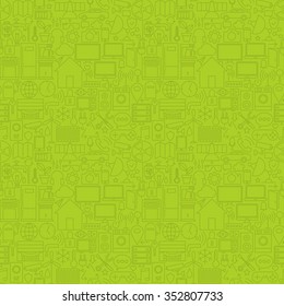 Green Thin Line House Technology Seamless Pattern. Vector Web Design Seamless Background in Trendy Modern Line Style. Smart Home Outline Art.