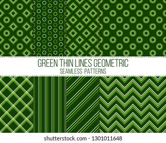 green thin lines geometric seamless patterns set