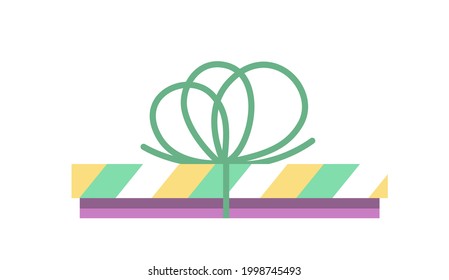 Green thin striped gift box. Funny birthday present in bright colors with green bow. White isolated vector stock illustration EPS 10. 