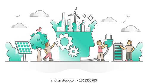 Green thinking as alternative electricity power usage support outline concept. Sustainable urban environment with solar panels and wind energy as CO2 emissions free city planning vector illustration.