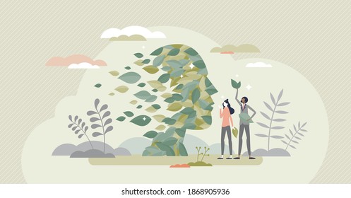 Green thinking as face rejuvenale with sustainable leaves tiny person concept. Environment friendly approach regeneration and alternative eco power consumption support symbolic vector illustration.