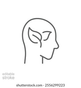 Green thinking icon. Simple outline style. Think green, nature and ecology, person head with leaves, plant, leaf, environment concept. Thin line symbol. Vector illustration isolated. Editable stroke.
