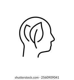 Green thinking icon. Simple outline style. Think green, nature and ecology, person head with leaves, plant, leaf, environment concept. Thin line symbol. Vector illustration isolated.