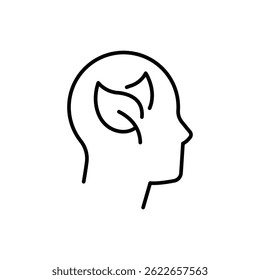 Green thinking icon. Simple outline style. Think green, nature and ecology, person head with leaves, plant, leaf, environment concept. Thin line symbol. Vector illustration isolated.