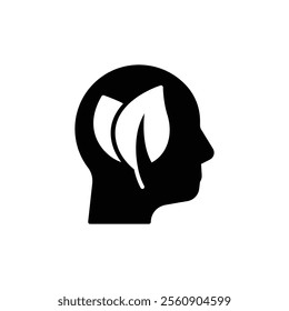 Green thinking icon. Simple solid style. Think green, nature and ecology, person head with leaves, plant, leaf, environment concept. Black silhouette, glyph symbol. Vector illustration isolated.
