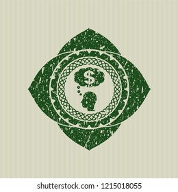 Green thinking in money icon inside distress grunge style stamp