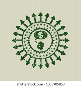 Green thinking in money icon inside distressed rubber stamp