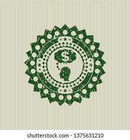 Green thinking in money icon inside distress rubber seal with grunge texture
