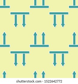 Green This side up icon isolated seamless pattern on yellow background. Two arrows indicating top side of packaging. Cargo handled so these arrows always point up.  Vector Illustration