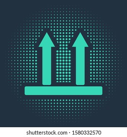 Green This side up icon isolated on blue background. Two arrows indicating top side of packaging. Cargo handled so these arrows always point up. Abstract circle random dots. Vector Illustration