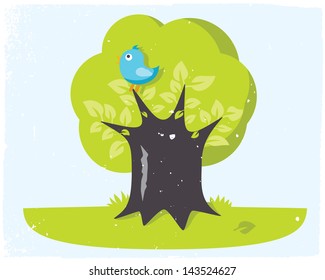 Green three with blue bird, grunge background