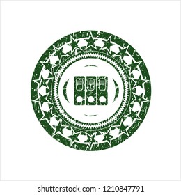 Green three folders icon inside rubber seal with grunge texture