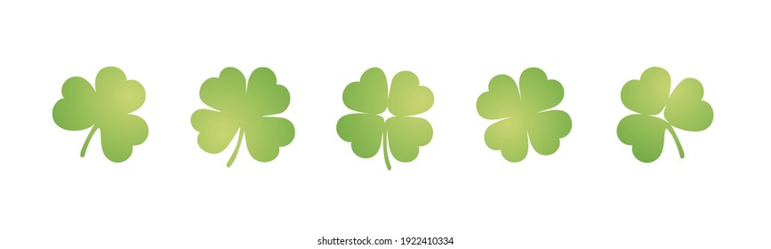 Green three four leaf clovers sample stickers icons for St Patricks Day on isolated white background banner