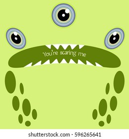 Green three-eyed nervous or scared monster closeup and sample text. Funny face in a cartoon style. Card for your design needs. Vector illustration