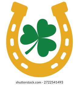 A green three-leaf clover centered inside a golden horseshoe, symbolizing luck and good fortune.