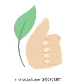 Ilustración de concepto de pulgar verde. Icono de pulgar hacia arriba con hoja, gráfico vectorial aislado sobre fondo blanco.