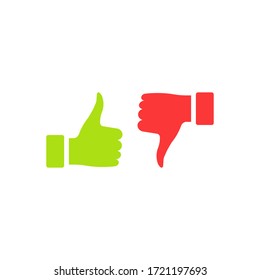 Green thumb up and red thumb down icon. Vector illustration. Flat design.