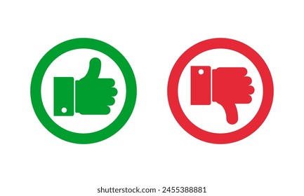 Green thumb up and red thumb down round outline vector icons. Like and dislike social media symbols.