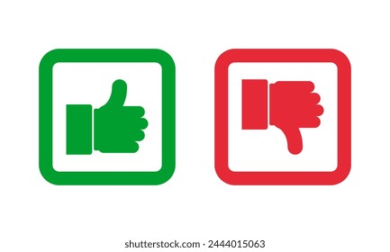 Iconos de vector de contorno cuadrado de pulgar verde arriba y pulgar rojo abajo. Me gustan y no me gustan los símbolos de las redes sociales.